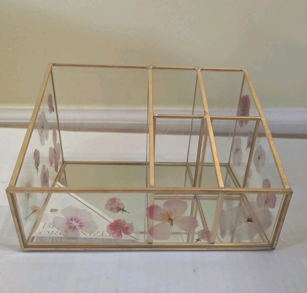 "Pressed" Flower Transparent Glass Metal Make Up Beauty Storage Organizer New